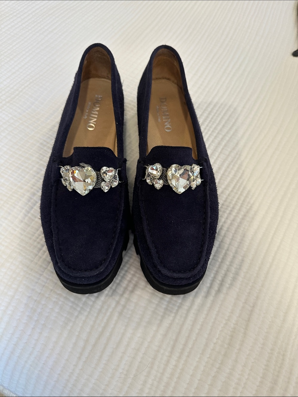 Domino Italian Navy Suede Jeweled Loafers - Women's